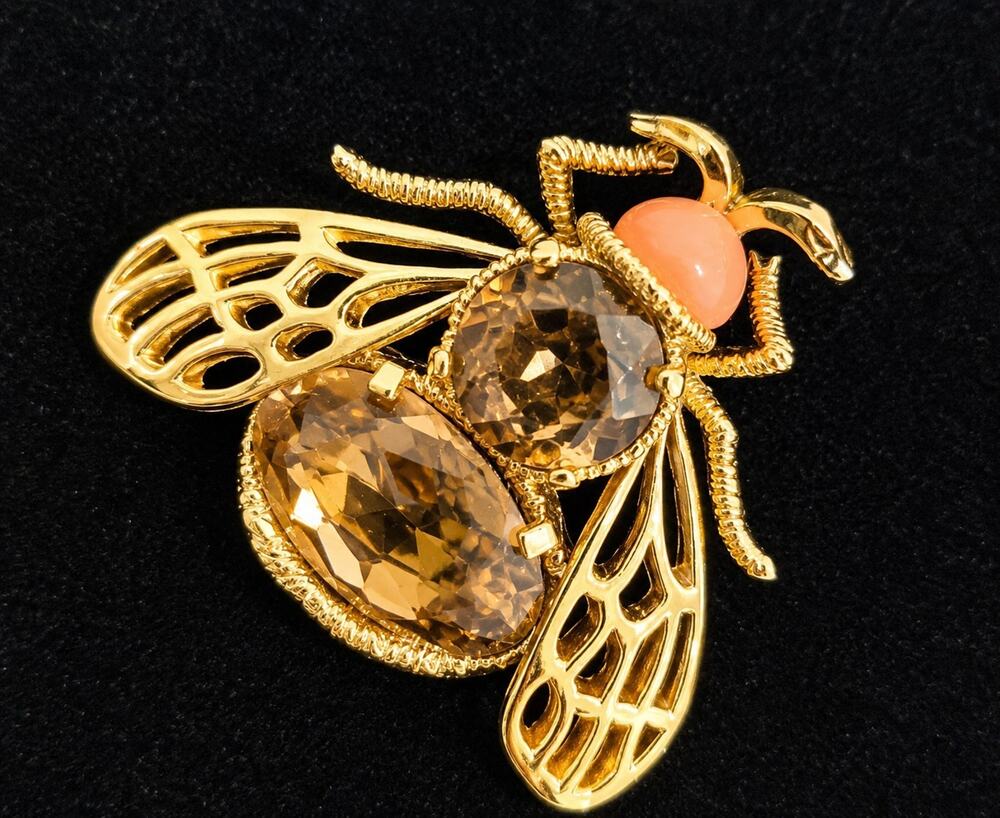 Vintage Panetta Bumble Bee Brooch Gold Tone Smoky Rhinestone Figural Bee